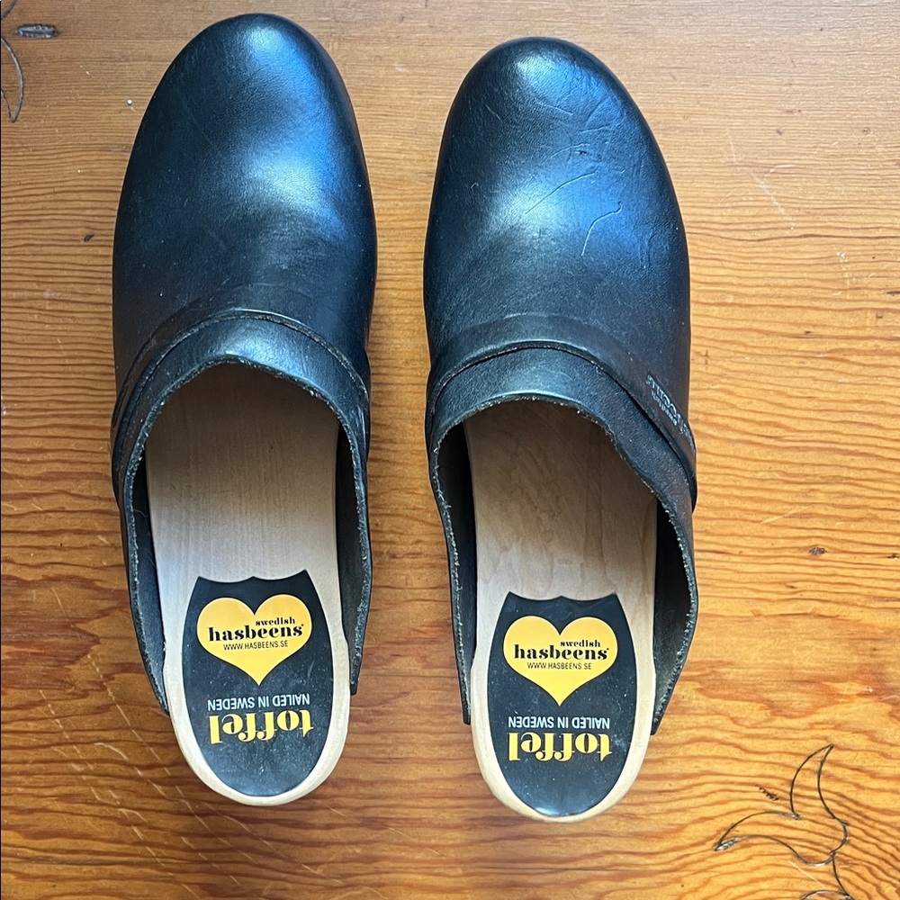 Swedish Hasbeens Classic Black Leather Mules